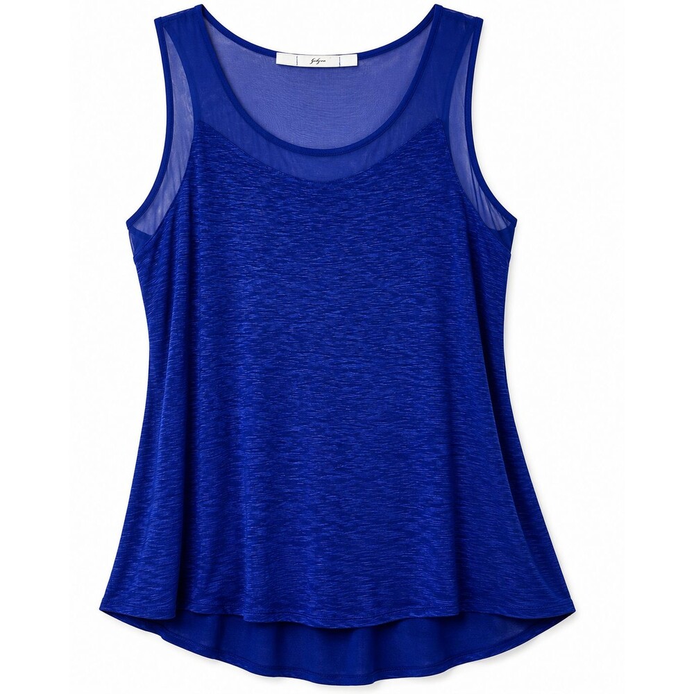 Gibson Tank Top Women's XL Blue Sheer Mesh Yoke Linen Scoop Neck Summer Casual